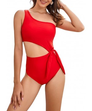 Women's Cutout One Piece Swimsuit One Shoulder Tie Side Bathing Suit with Monokini Padded (FBA) - Red - CK198QCOM39 $10.58-On...