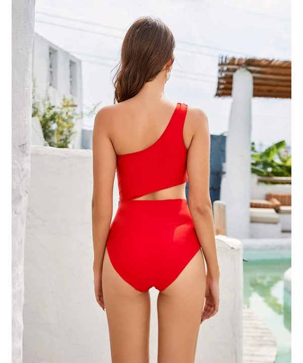 Women's Cutout One Piece Swimsuit One Shoulder Tie Side Bathing Suit with Monokini Padded (FBA) - Red - CK198QCOM39 $10.58-On...