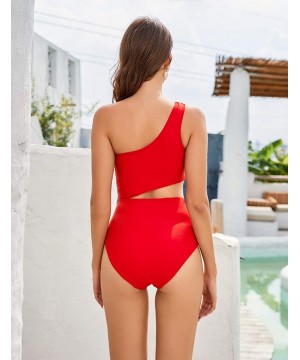 Women's Cutout One Piece Swimsuit One Shoulder Tie Side Bathing Suit with Monokini Padded (FBA) - Red - CK198QCOM39 $10.58-On...