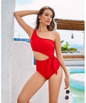 Women's Cutout One Piece Swimsuit One Shoulder Tie Side Bathing Suit with Monokini Padded (FBA) - Red - CK198QCOM39 $10.58-On...