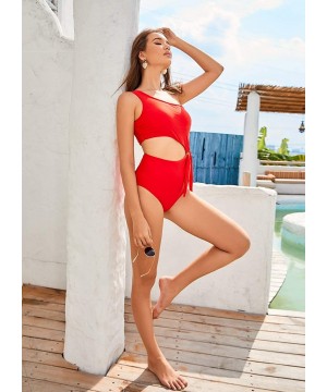 Women's Cutout One Piece Swimsuit One Shoulder Tie Side Bathing Suit with Monokini Padded (FBA) - Red - CK198QCOM39 $10.58-On...