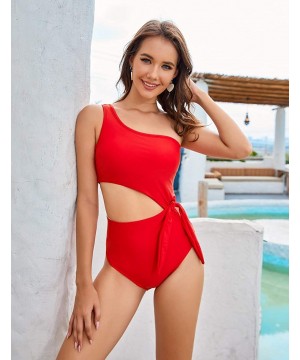 Women's Cutout One Piece Swimsuit One Shoulder Tie Side Bathing Suit with Monokini Padded (FBA) - Red - CK198QCOM39 $10.58-On...