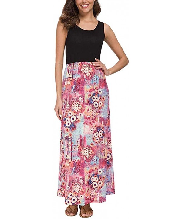 2018 Women Sleeveless Floral Print Maxi Long Dress with Pockets O-Neck Beach - Pink2 - CM18SQWTD24 $16.30-Board Shorts