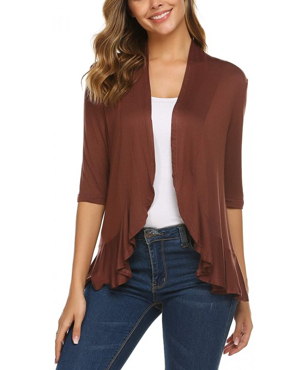 Women's Open Front Cardigan 3/4 Sleeve Draped Ruffles Soft Knit Sweaters - Coffee - C718TW7GISQ $27.11-Cover-Ups