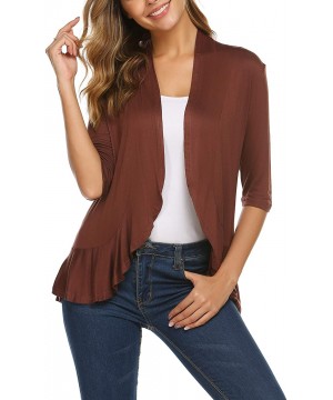 Women's Open Front Cardigan 3/4 Sleeve Draped Ruffles Soft Knit Sweaters - Coffee - C718TW7GISQ $27.11-Cover-Ups