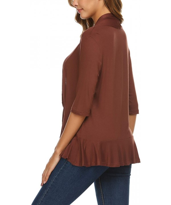 Women's Open Front Cardigan 3/4 Sleeve Draped Ruffles Soft Knit Sweaters - Coffee - C718TW7GISQ $27.11-Cover-Ups