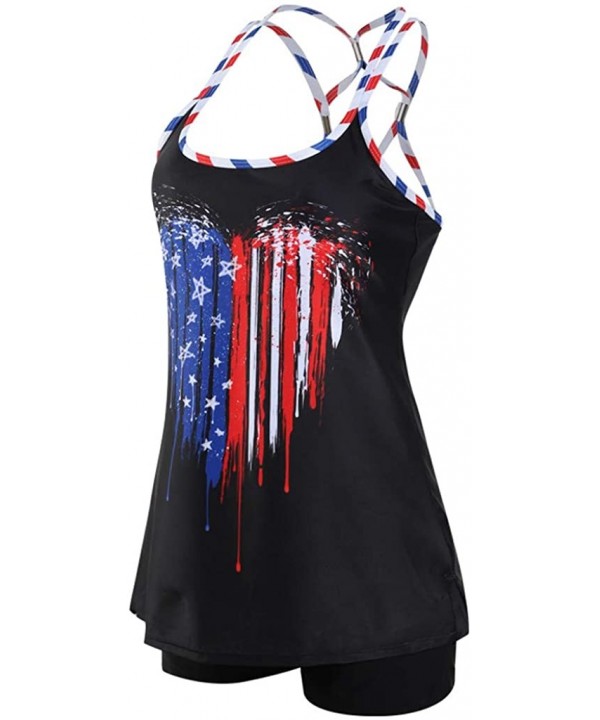 Women's American Flag Print Crisscross Back Boyshort Two Piece Swimsuit-Slimming Tummy Control Swimdress Swimwear - B0 Black ...