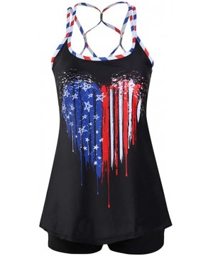 Women's American Flag Print Crisscross Back Boyshort Two Piece Swimsuit-Slimming Tummy Control Swimdress Swimwear - B0 Black ...