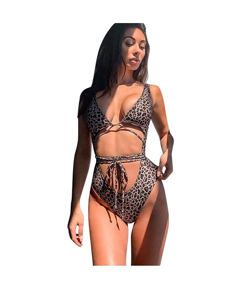 Ladies Leopard Printed Bikini Swimsuit with High Waist Tie Bandage Bathing Suit Swimwear One Piece Beachwear Brown - CH193NLG...