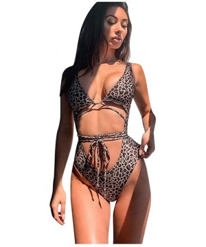 Ladies Leopard Printed Bikini Swimsuit with High Waist Tie Bandage Bathing Suit Swimwear One Piece Beachwear Brown - CH193NLG...