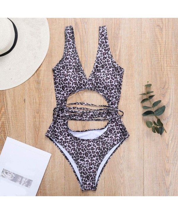 Ladies Leopard Printed Bikini Swimsuit with High Waist Tie Bandage Bathing Suit Swimwear One Piece Beachwear Brown - CH193NLG...