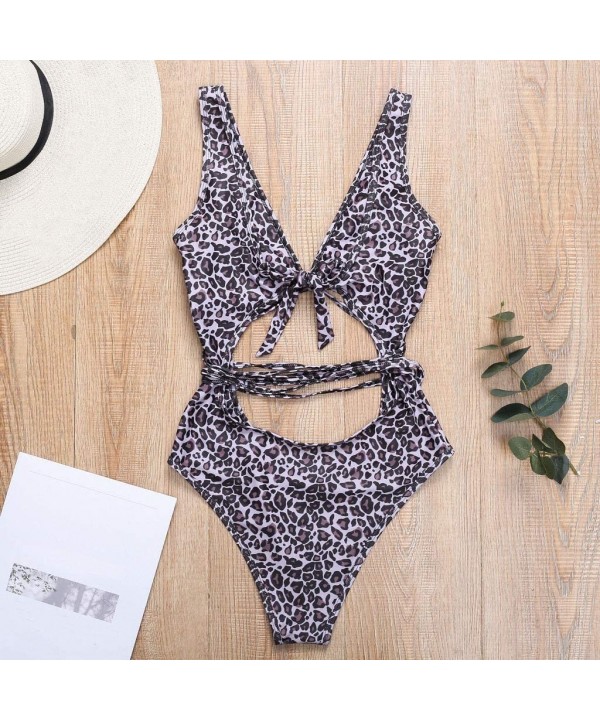 Ladies Leopard Printed Bikini Swimsuit with High Waist Tie Bandage Bathing Suit Swimwear One Piece Beachwear Brown - CH193NLG...