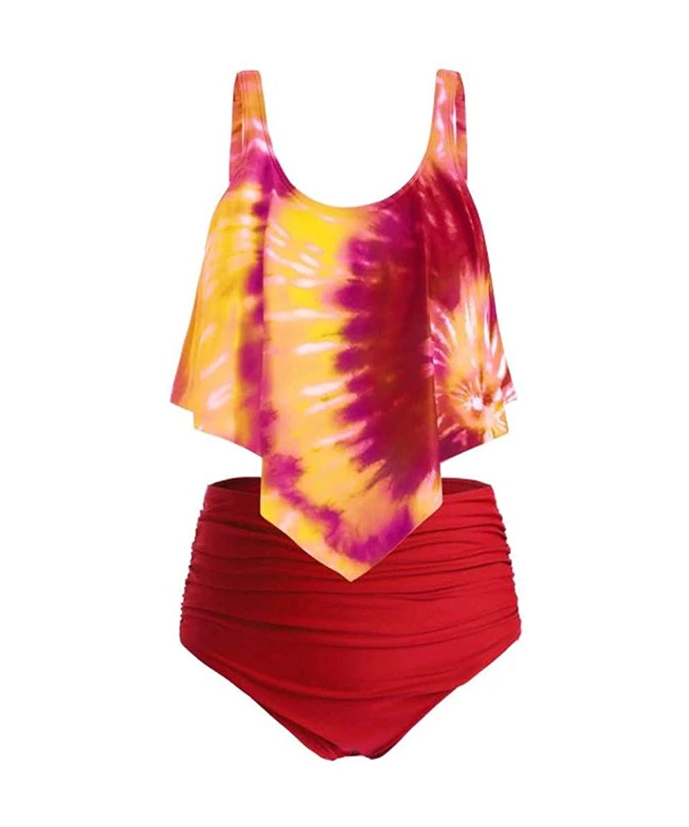 Tankinis for Women Two Piece Tie Dye Gradient Bathing Suits Top Flounce Ruffled High Waist Swimsuit Bikini Sets Z red - CV194...