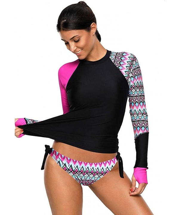 Women Two Piece Sunscreen Long Sleeve Surfing Swimsuit Rash Guards w Tie Side Bottom Athletic Wetsuit UPF 50+ Hot Pink - CT19...