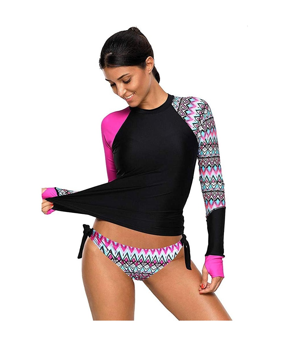 Women Two Piece Sunscreen Long Sleeve Surfing Swimsuit Rash Guards w Tie Side Bottom Athletic Wetsuit UPF 50+ Hot Pink - CT19...