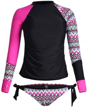 Women Two Piece Sunscreen Long Sleeve Surfing Swimsuit Rash Guards w Tie Side Bottom Athletic Wetsuit UPF 50+ Hot Pink - CT19...