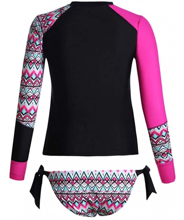 Women Two Piece Sunscreen Long Sleeve Surfing Swimsuit Rash Guards w Tie Side Bottom Athletic Wetsuit UPF 50+ Hot Pink - CT19...