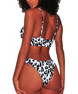 Womens Sexy Scoop Neck Straps Cutout High Cut Thong 2PCS Bikini Sets Swimsuit - Leopard - CG194048QS7 $16.28-Sets