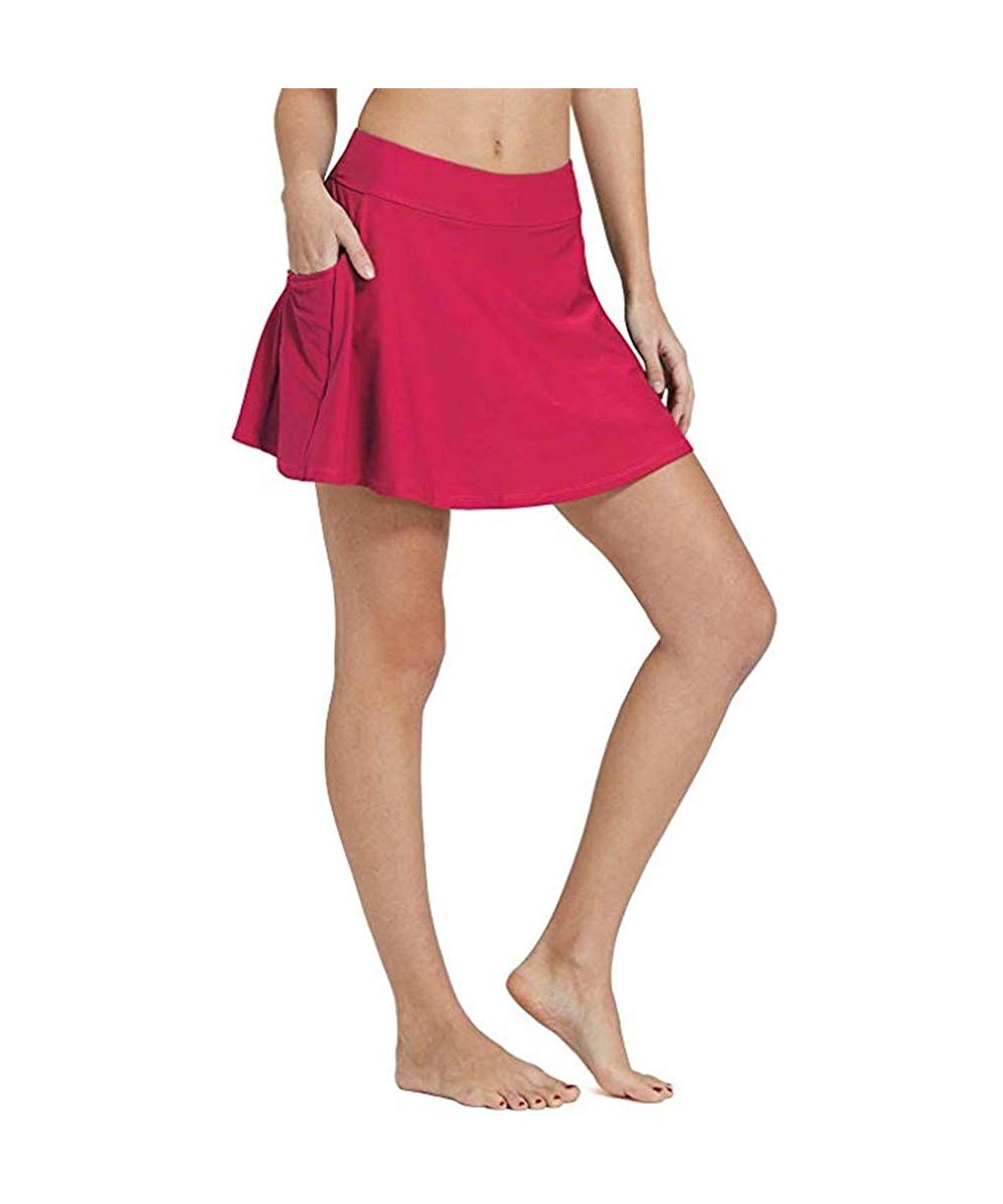 Women's Skirted Bikini Bottom High Waisted Beach Pocket Skirt - Red - CQ1967YSKWD $11.76-Tankinis