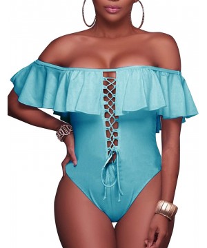 Women's Sexy One Piece Lace Up Ruffled Off Shoulder Flounce Swimsuits - Aqua Blue - CD18D6NYYGQ $11.99-One-Pieces