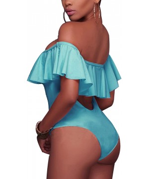 Women's Sexy One Piece Lace Up Ruffled Off Shoulder Flounce Swimsuits - Aqua Blue - CD18D6NYYGQ $11.99-One-Pieces