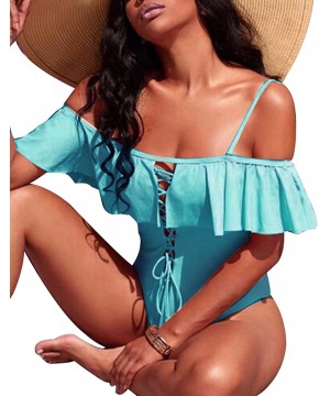 Women's Sexy One Piece Lace Up Ruffled Off Shoulder Flounce Swimsuits - Aqua Blue - CD18D6NYYGQ $11.99-One-Pieces