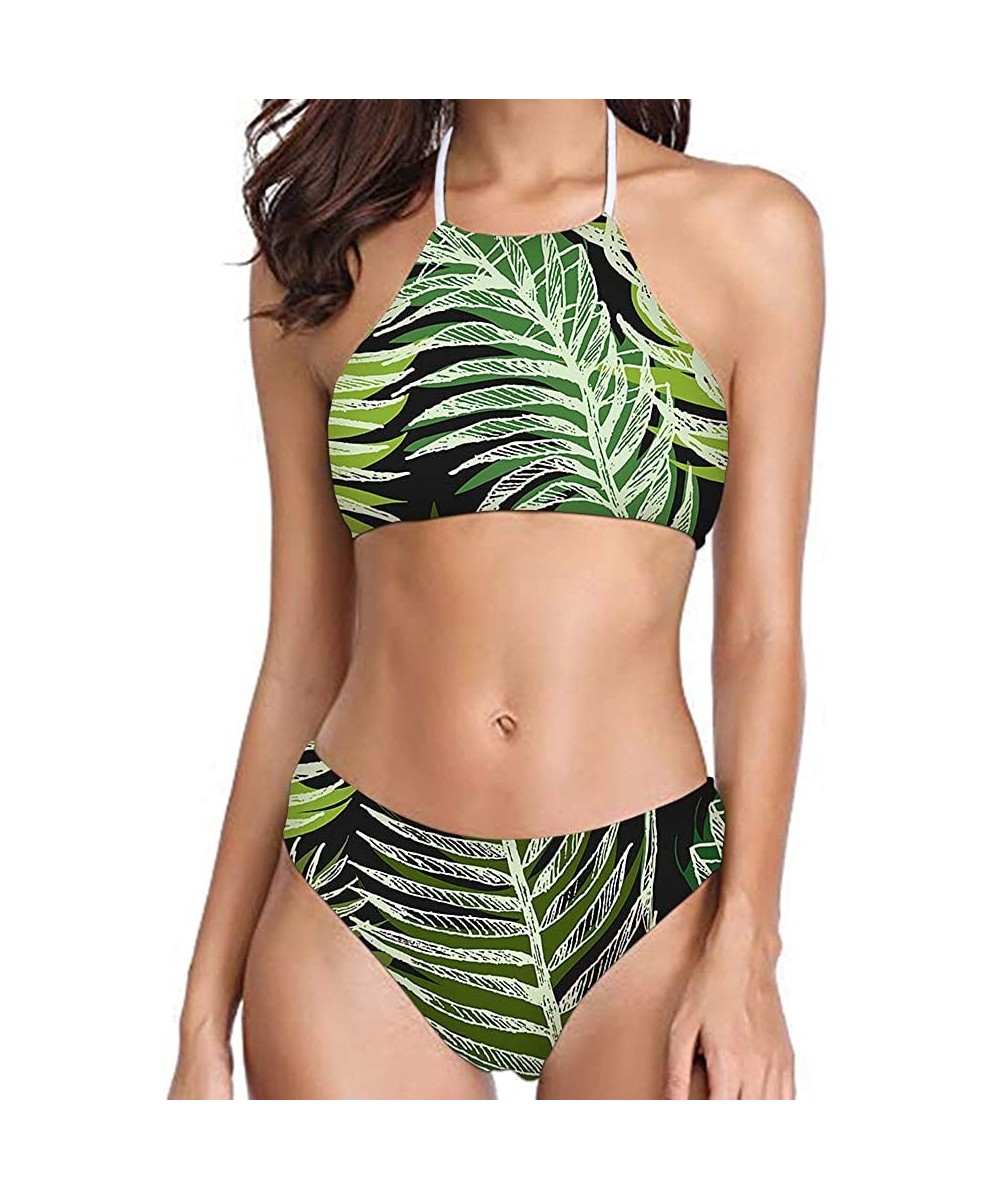 Women Printed High Neck Bikini Tie Back Swimsuit 2 Piece Bathing Suit High Leg Cut - Palm Leaf - 2118 - C418QL954GD $21.56-Sets