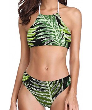 Women Printed High Neck Bikini Tie Back Swimsuit 2 Piece Bathing Suit High Leg Cut - Palm Leaf - 2118 - C418QL954GD $21.56-Sets