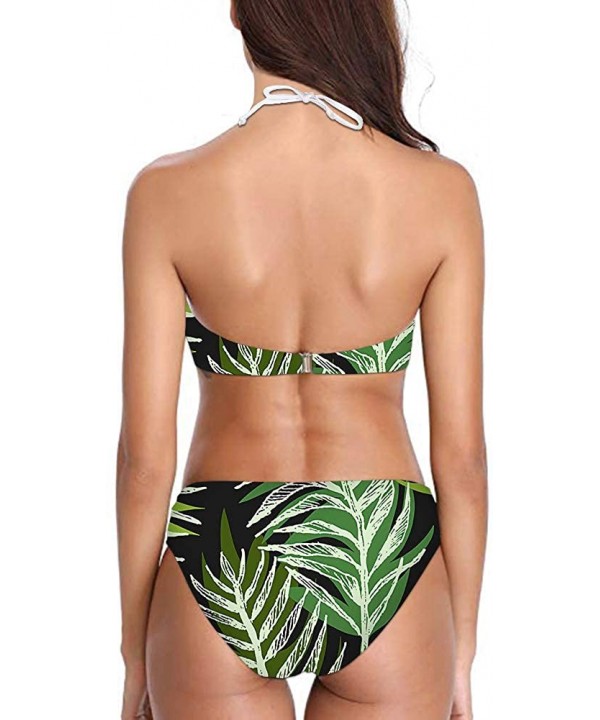 Women Printed High Neck Bikini Tie Back Swimsuit 2 Piece Bathing Suit High Leg Cut - Palm Leaf - 2118 - C418QL954GD $21.56-Sets