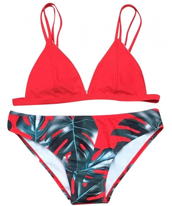 Women Bikini Set Swimwear Leaves Printed Push-up Padded Bra Swimsuit Beach Bathing Suit - Red - CB189T8IHOM $20.30-Sets