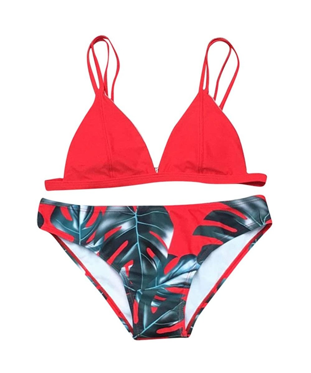 Women Bikini Set Swimwear Leaves Printed Push-up Padded Bra Swimsuit Beach Bathing Suit - Red - CB189T8IHOM $20.30-Sets