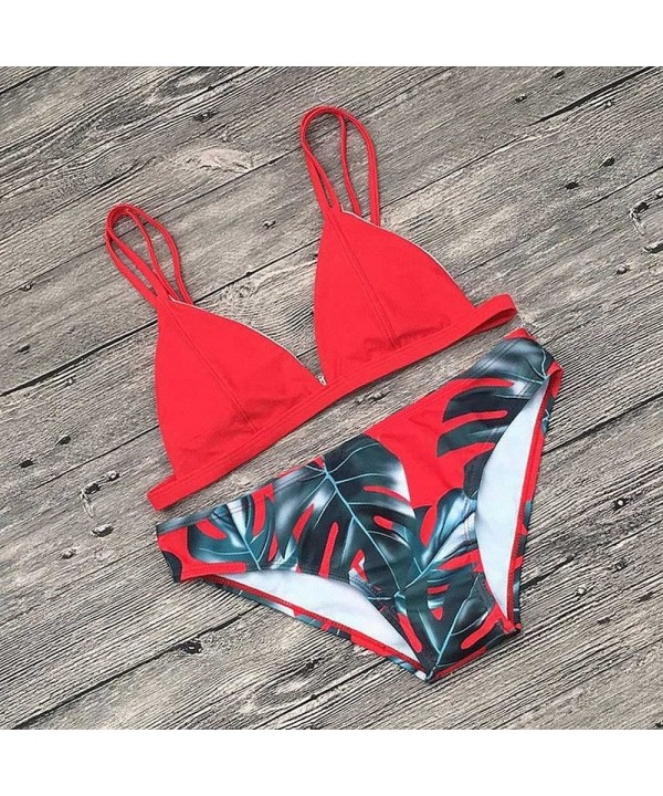 Women Bikini Set Swimwear Leaves Printed Push-up Padded Bra Swimsuit Beach Bathing Suit - Red - CB189T8IHOM $20.30-Sets