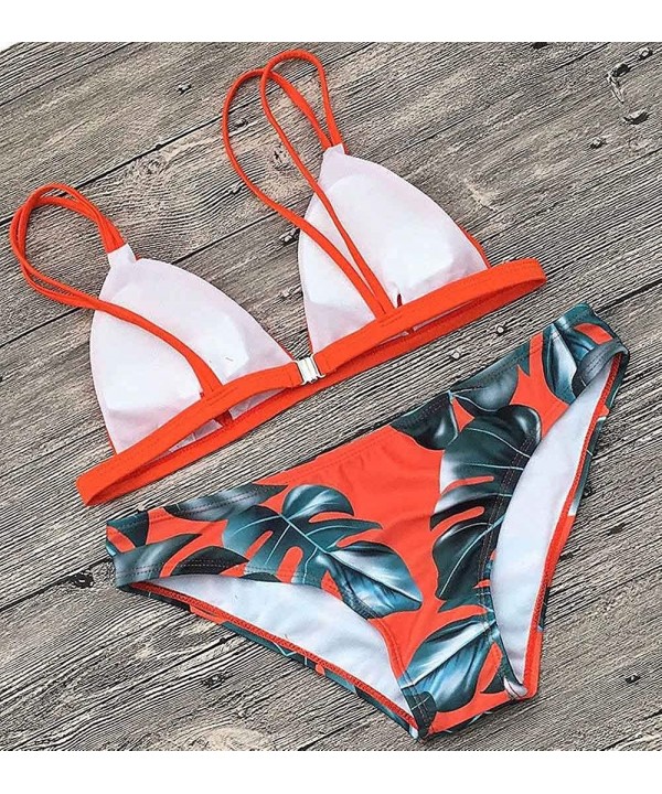 Women Bikini Set Swimwear Leaves Printed Push-up Padded Bra Swimsuit Beach Bathing Suit - Red - CB189T8IHOM $20.30-Sets