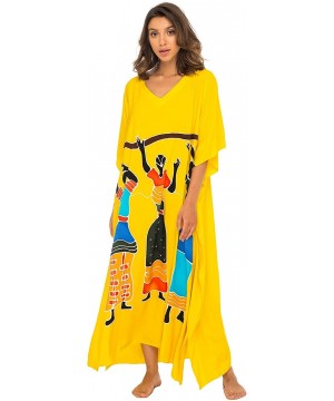 Womens Long African Print Beach Swim Suit Cover Up Caftan Poncho - Dancers Yellow - C1180X5QKL2 $35.09-Cover-Ups