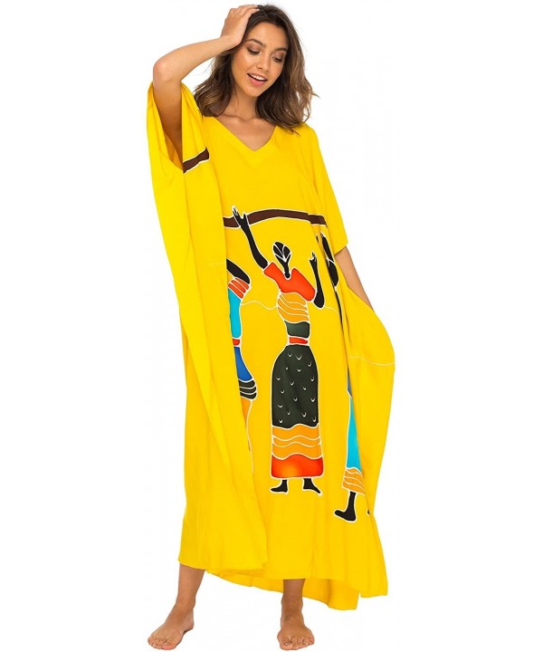 Womens Long African Print Beach Swim Suit Cover Up Caftan Poncho - Dancers Yellow - C1180X5QKL2 $35.09-Cover-Ups