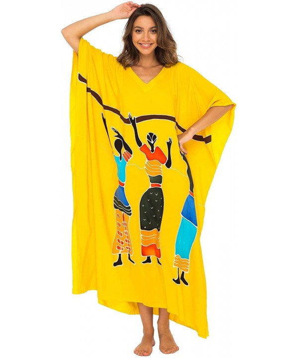 Womens Long African Print Beach Swim Suit Cover Up Caftan Poncho - Dancers Yellow - C1180X5QKL2 $35.09-Cover-Ups