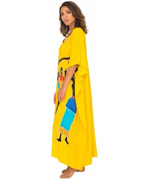 Womens Long African Print Beach Swim Suit Cover Up Caftan Poncho - Dancers Yellow - C1180X5QKL2 $35.09-Cover-Ups