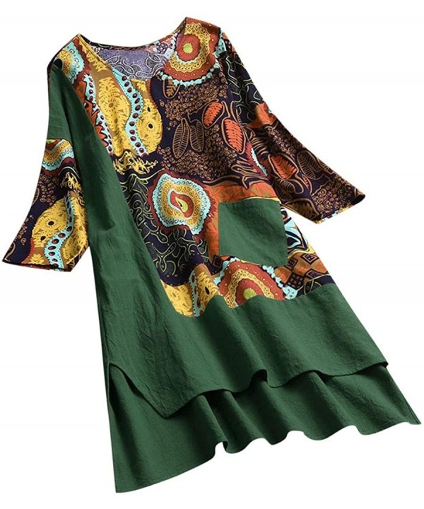 Women Vintage Dress-High Low Hem Boho Print 3/4 Sleeves Casual Cozy Dress - Green - CK18SO8IZKA $13.91-Racing