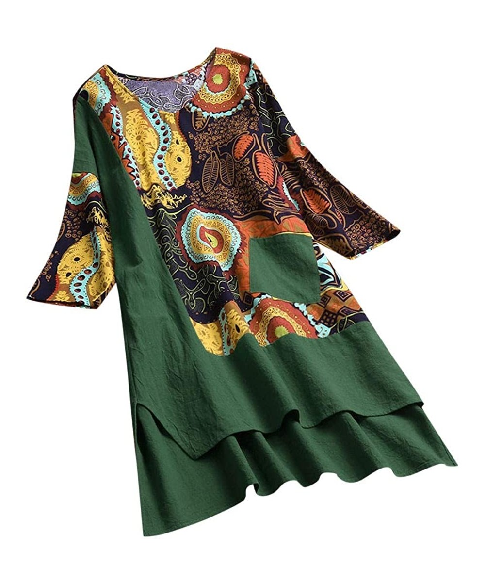 Women Vintage Dress-High Low Hem Boho Print 3/4 Sleeves Casual Cozy Dress - Green - CK18SO8IZKA $13.91-Racing