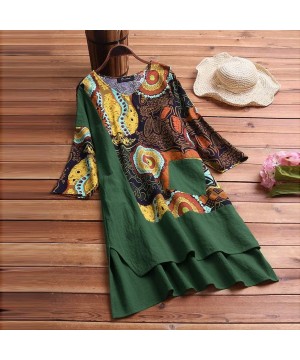 Women Vintage Dress-High Low Hem Boho Print 3/4 Sleeves Casual Cozy Dress - Green - CK18SO8IZKA $13.91-Racing