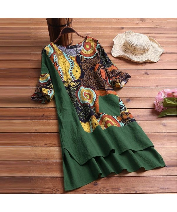 Women Vintage Dress-High Low Hem Boho Print 3/4 Sleeves Casual Cozy Dress - Green - CK18SO8IZKA $13.91-Racing