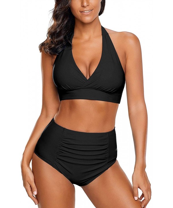 Women's Halter Self Tie Ruched High Waist Two Pieces Bikini Set Swimsuits - V Black - C7193LS3AEX $22.23-Sets