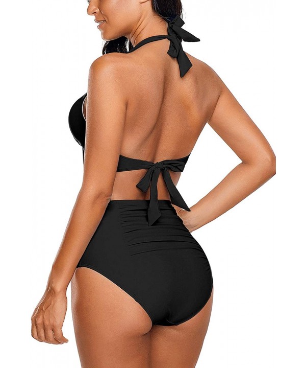 Women's Halter Self Tie Ruched High Waist Two Pieces Bikini Set Swimsuits - V Black - C7193LS3AEX $22.23-Sets