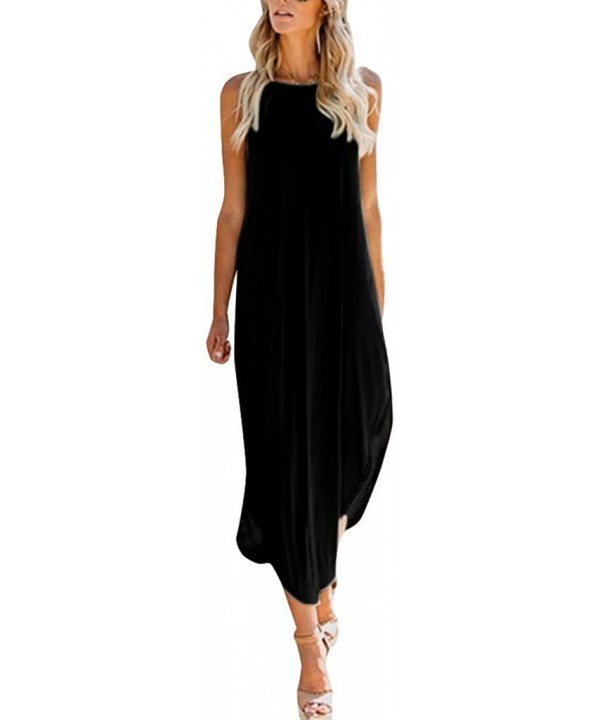 Women Dress Vinatge Boho Solid Sun Dresses Party Cami Dress Casual Loose Sleeveless Long Maxi Dress Plus Size Black - C71908U...