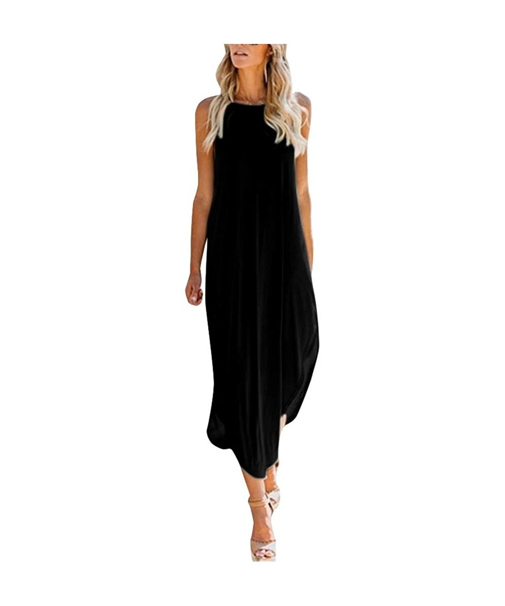 Women Dress Vinatge Boho Solid Sun Dresses Party Cami Dress Casual Loose Sleeveless Long Maxi Dress Plus Size Black - C71908U...