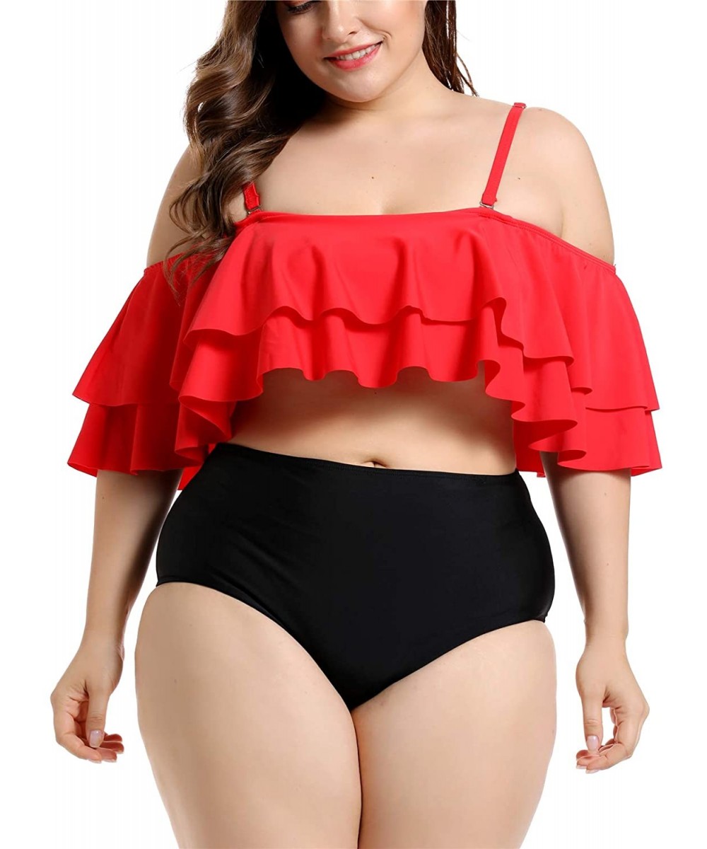 Women's Ruffle Off-Shoulder Plus Size Tankini Floral Print Swimsuit High Waisted Two Pieces Bathing Suit Monokini - Red Black...