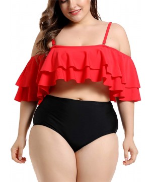 Women's Ruffle Off-Shoulder Plus Size Tankini Floral Print Swimsuit High Waisted Two Pieces Bathing Suit Monokini - Red Black...