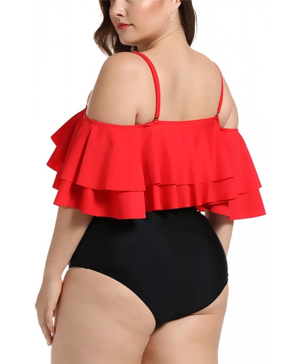 Women's Ruffle Off-Shoulder Plus Size Tankini Floral Print Swimsuit High Waisted Two Pieces Bathing Suit Monokini - Red Black...