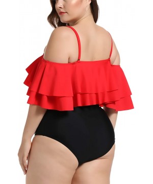 Women's Ruffle Off-Shoulder Plus Size Tankini Floral Print Swimsuit High Waisted Two Pieces Bathing Suit Monokini - Red Black...