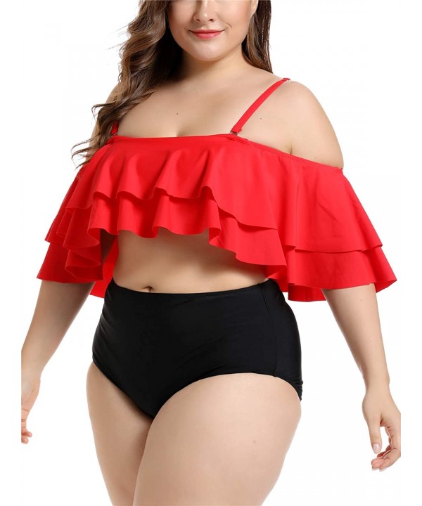 Women's Ruffle Off-Shoulder Plus Size Tankini Floral Print Swimsuit High Waisted Two Pieces Bathing Suit Monokini - Red Black...